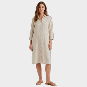 Alexandre Laurent Paris Beige Tan 100% Linen LS Midi Shirt Dress Free Size
